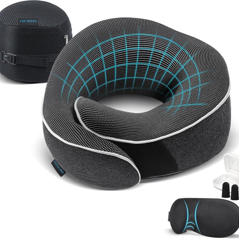 Travel Neck Pillow 100% Memory Foam – Airplane & Car Travel Essentials Kit with
